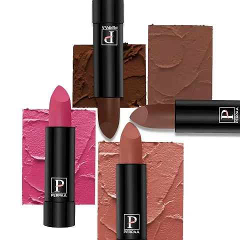 PERPAA? Creamy Matte Bullet Lipstick Long Lasting Lightweight Lipstick One Swipe Smooth Finish with Waterproof  Smudgepoof Formula (Pink Treat,Adorable Nude,Chocolate Brown,Coco Shot)