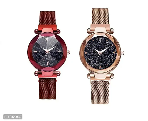 Watch City Analog Watch for Girls and Women Black Dial and Magnetic Red Gold Belt (Combo) (Set of 2) Red Gold