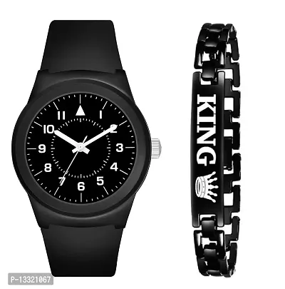 Watch City Analogue Attractive Dial Waterproof Sport Look Watch with King Bracelet Combo Pack for Boys and Girls - Black