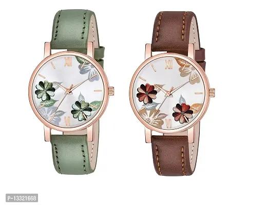 Watch City Analog Watch for Girl's and Women's Flowered Dial Leather Strap (Combo) (Set of 2) Green Brown