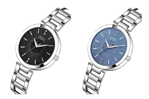 Watch City Watch for Girls and Women Dial Color Black and Blue Analog Watch Belt Silver Combo for Girls and Women (Pack of 2)-thumb1