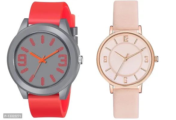 Watch City - Analogue Couple Watch Round Dial Waterproof Casual/Formal Watch for Couples - Red and Pink Color
