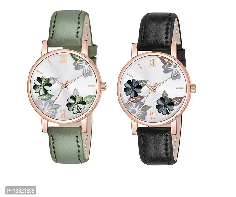 Watch City Analog Watch for Girl's and Women's Flowered Dial Leather Strap (Combo) (Set of 2) Black-Green