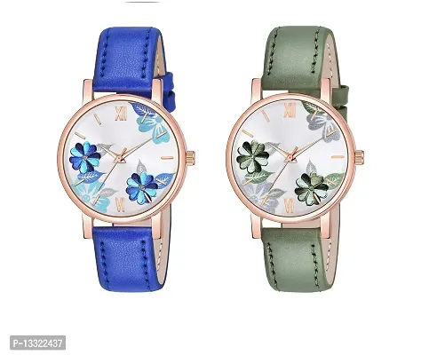 Watch City Analog Watch for Girl's and Women's Flowered Dial Leather Strap (Combo) (Set of 2) Blue Green