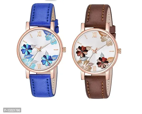 Watch City Analog Watch for Girl's and Women's Flowered Dial Leather Strap (Combo) (Set of 2) Blue Brown