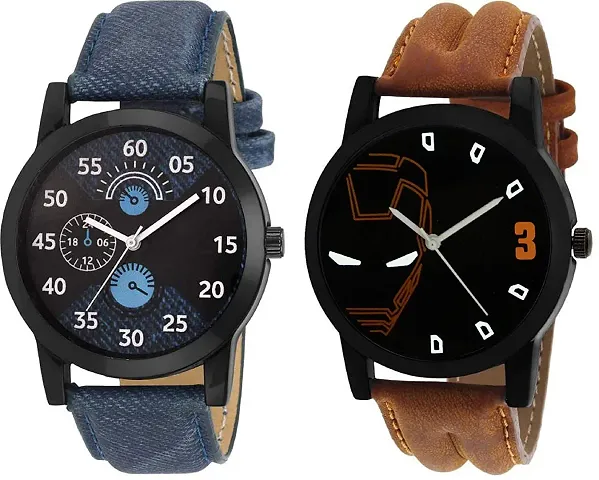 Stylish Genuine Leather Analog Watch For Men Pack Of 2