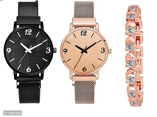 Watch City New Casual Black and Rose Gold Color Attractive Dial with Trending Magnetic Analogue Metal Strap Watches for Girl's and Women's Pack of ? 2 with Rose Gold Color Bracelet