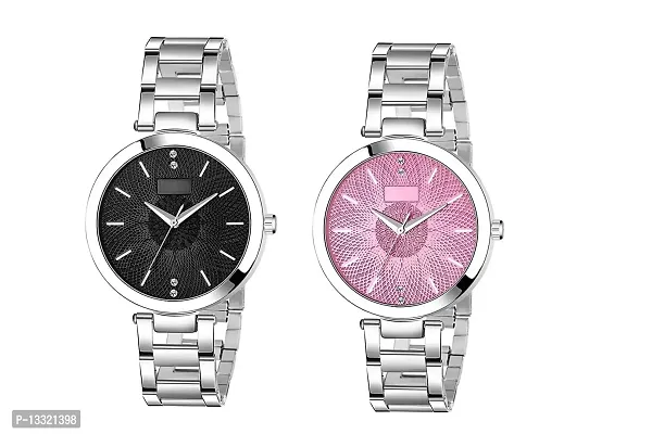 Watch City Analog Watch Women and Girl Watch Round Dial and Stainless Steel Belt (Combo) (Set of 2) Black Pink