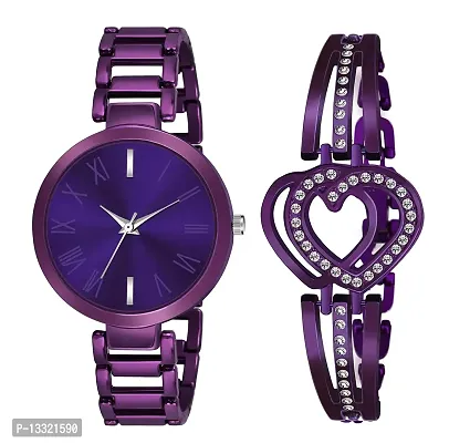 Watch City Branded 3 Colors Black - Purple - Rose Gold Steel Belt Analogue Watch with Sweet Heart 3 Colors Black - Purple - Rose Gold Bracelet Combo for Girl's  Women's Watch (Combo of 2) (Purple)-thumb0