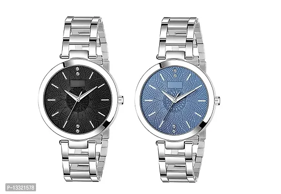 Watch City Analog Watch Women and Girl Watch Round Dial and Stainless Steel Belt (Combo) (Set of 2) Black Blue
