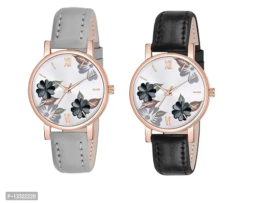 Watch City Analog Watch for Girl's and Women's Flowered Dial Leather Strap (Combo) (Set of 2) Black-Grey