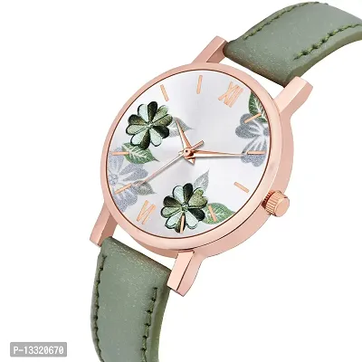 Watch City Branded Analogue Attractive 5 Different Colors New Flowered Dial Unique Designed Leather Strap Watch for Girl's and Women's (Green)-thumb2