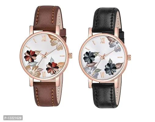 Watch City Analog Watch for Girl's and Women's Flowered Dial Leather Strap (Combo) (Set of 2) Black-Brown-thumb0