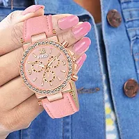 Watch City Pirlo Analog Pink Attractive Dial and Dimond Border Golden Dial Pink Belt Watch for Girls and Women Watch - PI-01-thumb3