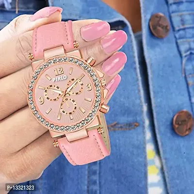 Watch City Pirlo Analog Pink Attractive Dial and Dimond Border Golden Dial Pink Belt Watch for Girls and Women Watch - PI-01-thumb4