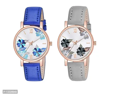 Watch City Analog Watch for Girl's and Women's Flowered Dial Leather Strap (Combo) (Set of 2) Blue Hrey