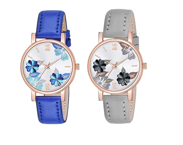 Watch City Analog Watch for Girl's and Women's Flowered Dial Leather Strap (Combo) (Set of 2) Hrey