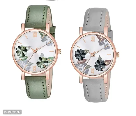 Watch City Analog Watch for Girl's and Women's Flowered Dial Leather Strap (Combo) (Set of 2) Green Grey
