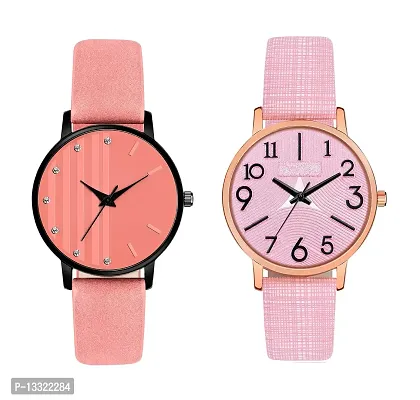 Watch City Analogue Genuine Leather Belt Women's Watch and Girl's Watch Combo Pack of 2 (Multicolor Dial Multicolor Strap) (Pink-Pink2)-thumb0