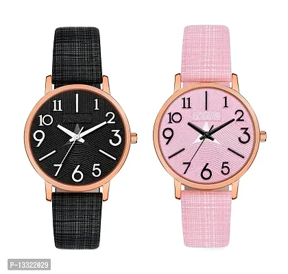 Watch City Analogue Genuine Leather Belt Women's Watch and Girl's Watch Combo Pack of 2 (Multicolor Dial Multicolor Strap) (Black-Pink)