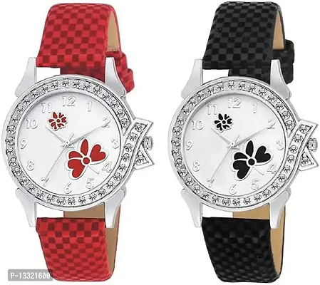 Watch City Watch for Girl and Women Analogue Multicolor Dial Women's Combo Girls Watch, Gift for Girl Friends (Red and Black) (Set of 2)-thumb0
