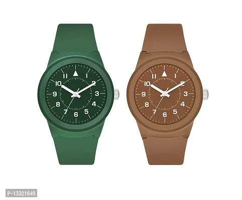 Watch City Analogue Sport Watch for Men's Kids, Boys, Waterproof Sport Look Silicone Strap Watch (Brown & Green) (Set of 2)