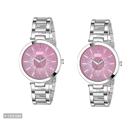Watch City Analog Watch Women and Girl Watch Round Dial and Stainless Steel Belt (Combo) (Set of 2) Pink