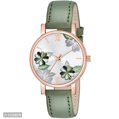 Watch City Branded Analogue Attractive 5 Different Colors New Flowered Dial Unique Designed Leather Strap Watch for Girl's and Women's (Green)-thumb0