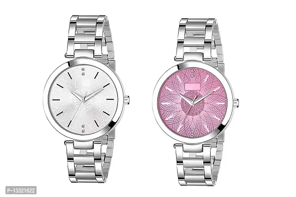 Watch City Analog Watch Women and Girl Watch Round Dial and Stainless Steel Belt (Combo) (Set of 2) Pink White
