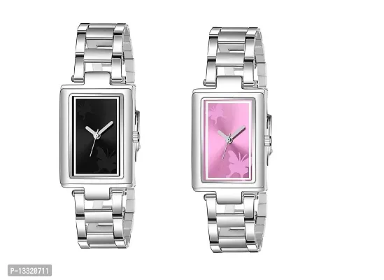 Watch City Analog Watch Women and Girl Watch Rectangle Dial and Stainless Steel Belt (Combo) (Set of 2) Black Pink