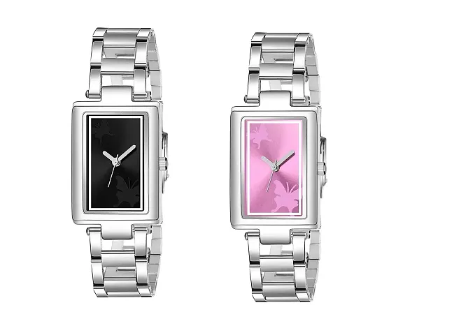 Watch City Analog Watch Women and Girl Watch Rectangle Dial and Stainless Belt (Combo) (Set of 2)