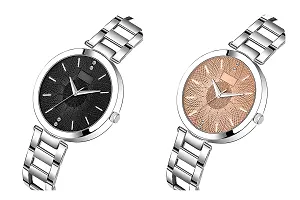 Watch City Watch for Girls and Women Dial Color Black and Brown Analog Watch Belt Silver Combo for Girls and Women (Pack of 2)-thumb1