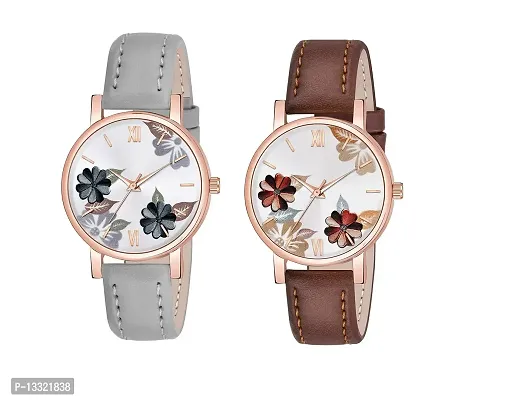 Watch City Analog Watch for Girl's and Women's Flowered Dial Leather Strap (Combo) (Set of 2) Grey Brown