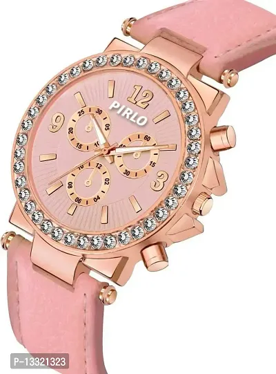 Watch City Pirlo Analog Pink Attractive Dial and Dimond Border Golden Dial Pink Belt Watch for Girls and Women Watch - PI-01-thumb2