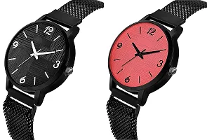 Watch City New Casual Black and Red Color Attractive Dial with Trending Magnetic Analogue Metal Strap Watches for Girl's and Women's Pack of ? 2 with Rose Gold Color Bracelet-thumb1