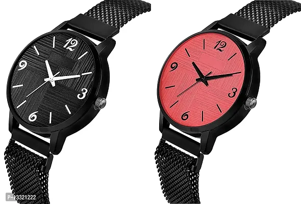 Watch City New Casual Black and Red Color Attractive Dial with Trending Magnetic Analogue Metal Strap Watches for Girl's and Women's Pack of ? 2 with Rose Gold Color Bracelet-thumb2