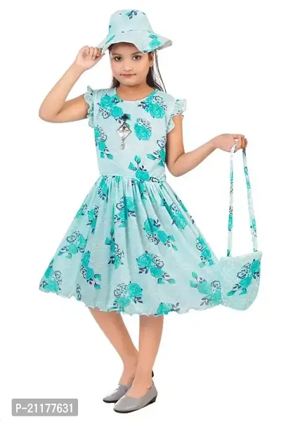 Fabulous Turquoise Cotton Printed Fit And Flare Dress For Girls-thumb2