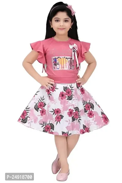 SAIMINA Dresses Girls Regular Fit Printed Casual, Dailywear and Festivewear Cotton Dress Set-thumb0