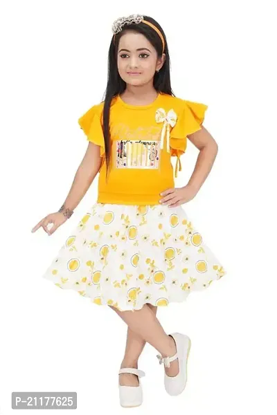 Fabulous Yellow Cotton Blend Printed Fit And Flare Dress For Girls