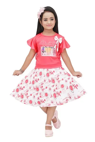 SAIMINA Dresses Girls Regular Fit Printed Casual, Dailywear and Festivewear Cotton Blend Two Piece Dress Set