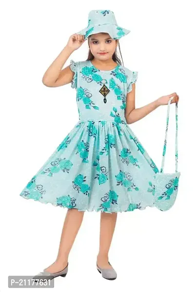 Fabulous Turquoise Cotton Printed Fit And Flare Dress For Girls-thumb0