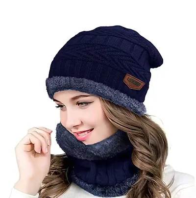 VANILLAFUDGE Unisex Winter Woolen Warm Cap with Neck Scarf Set Beanie Cap/Hat for Women and Men Cap Set Free Size