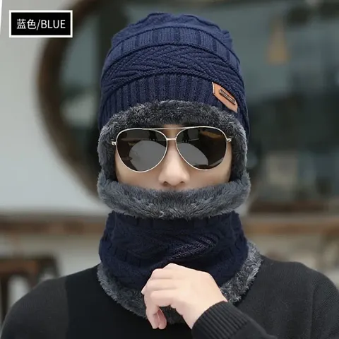 New Variety Store? Men I Boy's Winter Cold-Proof Korean Version Tide Knitted All-Match Cycling Confinement Plus Velvet Ladies Autumn and Winter Warm Wool hat Blue Color