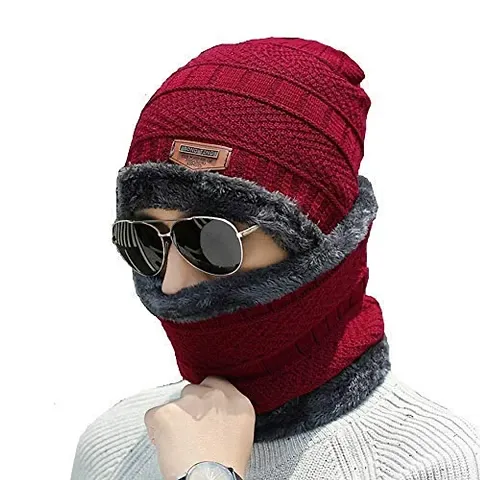 ldhsati Winter Woolen Beanie/Skull Cap & Neck Warmer (Muffler) Combo for Winters with Faux Fur Inner Side |Warm Hat | Winter Cap for Man | Woolen Cap