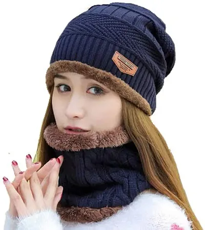 Alexvyan Twist Color Winter Very Soft Warm 1 Set Snow Proof Knitted Ball Cap (Inside Fur) Woolen Beanie Cap + Neck Muffler Scarf Set for Ladies Women Girl