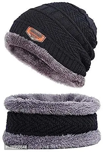Winter Woolen Beanie Cap Scarf (Fur Inside)-thumb0