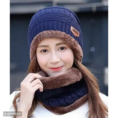 Soft Warm 1 Set Snow Proof  Cap (Inside Fur) Woolen Beanie Cap with Scarf-thumb0