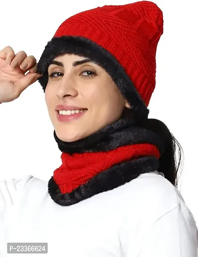 Faux Fur Inner Side Beanie Cap and Neck Warmer Combo Set-thumb0