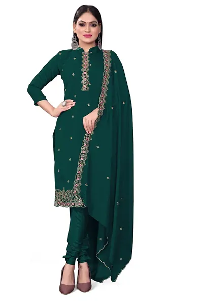 Stylish Multicoloured Silk Embroidered Dress Material with Dupatta
