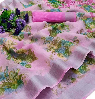Stunning Cotton Linen Floral Print Saree with Blouse piece